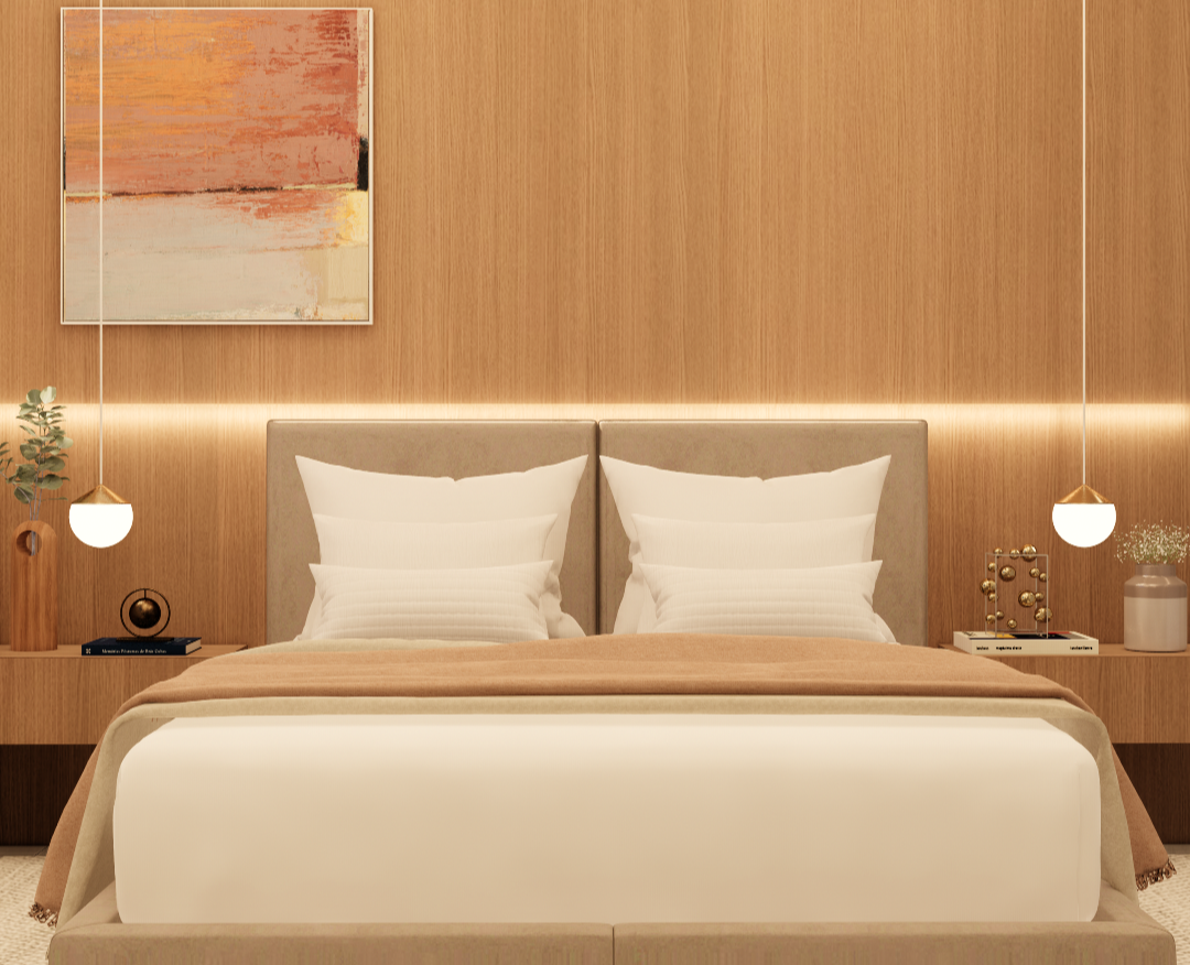 Projeto de interiores de quarto, suite com toque de madeira e iluminação indireta, escritório de arquitetura em Jundiai