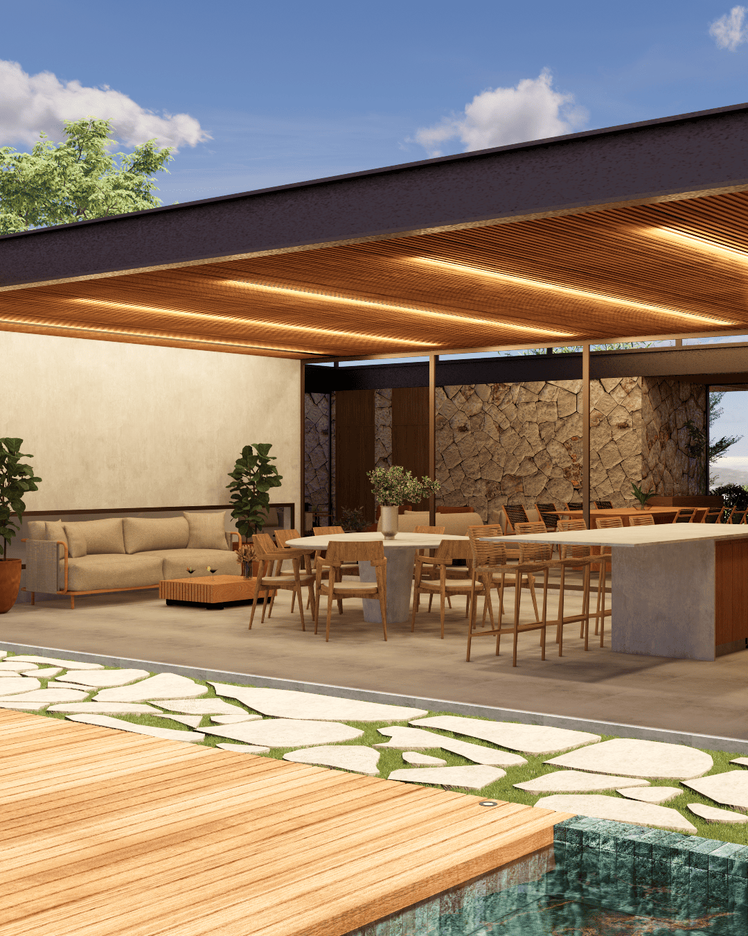 Projeto de arquitetura residencial de casa térrea no Condomínio Jardim Atenas Malota, em Jundiaí. Arquitetura moderna, funcional e pensada para o conforto da família.